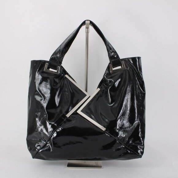 Kooba Purse 18 x 11 x 5 Black Silver Inner Pockets Shoulder Patent Leather Purse - Picture 2 of 13